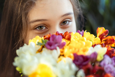 Girl with first spring flowers. Freesia. Child and flowersの写真素材