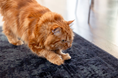 A large ginger cat sharpens its claws on the carpet.の写真素材