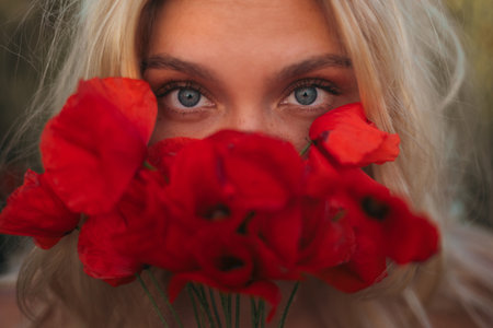 Close-up of female eyes and red poppy flowersの写真素材