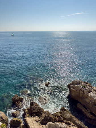 Sea and cliff views. The CÃ´te d'Azur. The power and beauty of the ocean on a journey.の写真素材