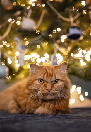 A fluffy ginger cat lies in a room under a festively decorated Christmas tree. Holidays and pets