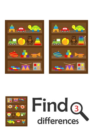 Find 3 differences, game for children, shelves with toys in cartoon style, education game for kids, preschool worksheet activity, task for the development of logical thinking, vectorのイラスト素材