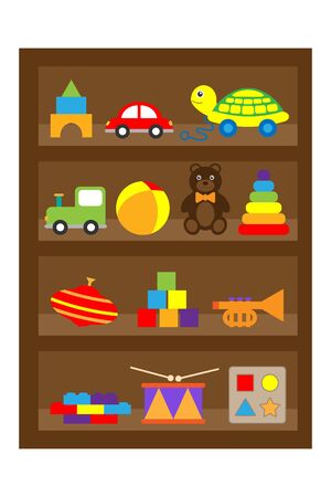 Different toys on shelves in cartoon style, fun education for kids, vector illustrationのイラスト素材