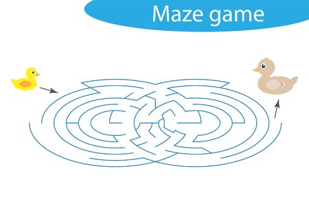 Labyrinth game, help the duckling to find a way out of the maze, cute cartoon character, preschool worksheet activity for kids, task for the development of logical thinking, vectorのイラスト素材