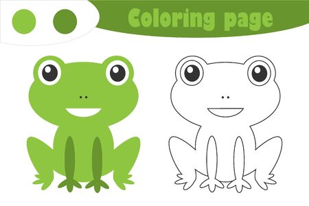 Green frog in cartoon style, coloring page, spring education paper game for the development of children, kids preschool activity, printable worksheet, vectorのイラスト素材