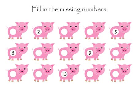 Game with pigs for children, fill in the missing numbers, middle level, education game for kids, school worksheet activity, task for the development of logical thinking, vectorのイラスト素材