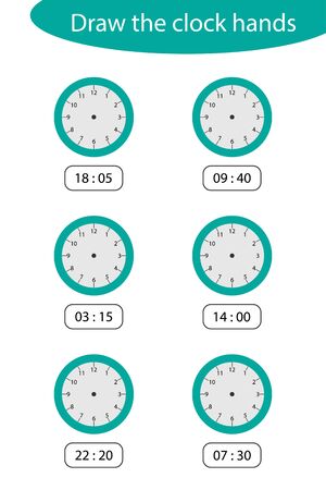 What time is it, draw the clock hands, game for children, fun education task for kids, educational task for the development of logical thinking, preschool worksheet activity, vector