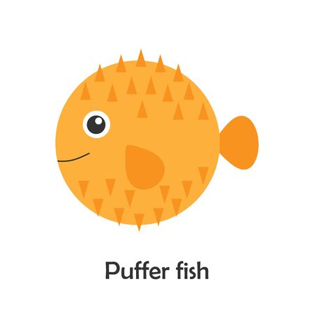 Puffer fish in cartoon style, marine card with ocean animal for kid, preschool activity for children, vectorのイラスト素材