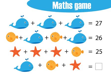 Maths game with pictures of ocean animals for children, middle level, education game for kids, preschool worksheet activity, task for the development of logical thinking, vectorのイラスト素材