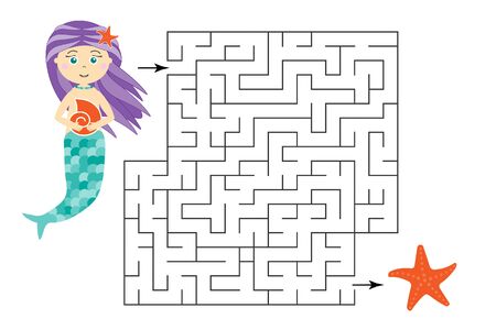 Labyrinth game, help the mermaid to find a way out of the maze, cute cartoon character, preschool worksheet activity for kids, task for the development of logical thinking, vectorのイラスト素材