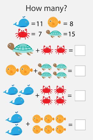 How many counting game with ocean animals for kids, educational maths task for the development of logical thinking, preschool worksheet activity, count and write the result, vectorのイラスト素材