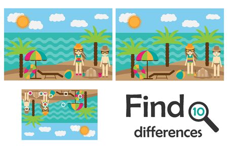 Find 10 differences, game for children, summer beach in cartoon style, education game for kids, preschool worksheet activity, task for the development of logical thinking, vectorのイラスト素材