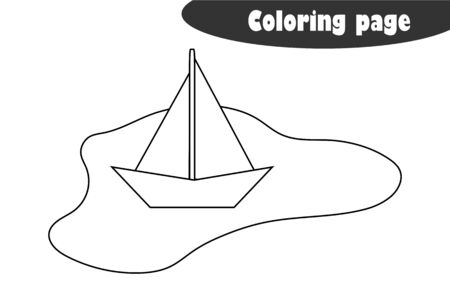 Puddle with a paper boat in cartoon style, coloring page, spring education paper game for the development of children, kids preschool activity, printable worksheet, vectorのイラスト素材
