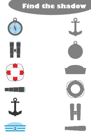 Find the shadow game with marine pictures for children, education game for kids, preschool worksheet activity, task for the development of logical thinking, vectorのイラスト素材