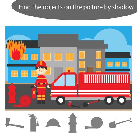 Find the objects by shadow, game with fireman for children in cartoon, education game for kids, preschool worksheet activity, task for the development of logical thinking, vectorのイラスト素材
