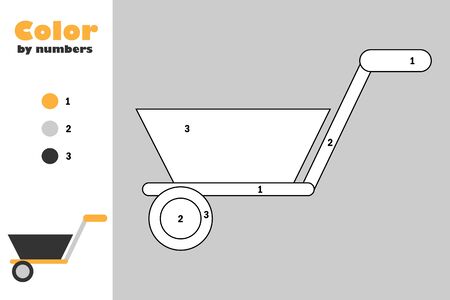 Wheelbarrow in cartoon style, color by number, education paper game for the development of children, coloring page, kids preschool activity, printable worksheet, vectorのイラスト素材