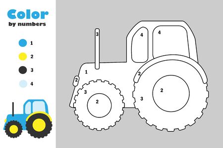 Tractor in cartoon style, color by number, education paper game for the development of children, coloring page, kids preschool activity, printable worksheet, vectorのイラスト素材