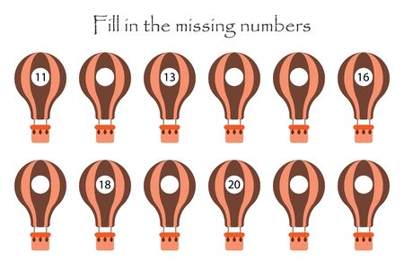 Game with air ballon for children, fill in the missing numbers, middle level, education game for kids, school worksheet activity, task for the development of logical thinking, vectorのイラスト素材