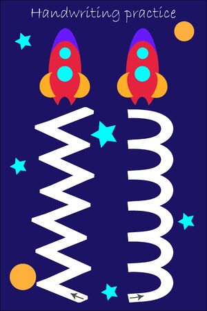 Draw track of two rockets, handwriting practice sheet for both hands, kids preschool activity, development children game, left and right hemispheres of the brain, writing training, vectorのイラスト素材