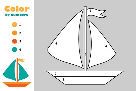 Ship in cartoon style, color by number, education paper game for the development of children, coloring page, kids preschool activity, printable worksheet, vectorのイラスト素材