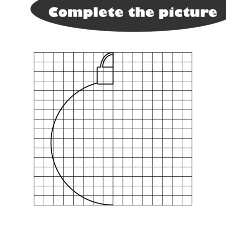 Complete the picture, black white cartoon christmas ball, drawing skills training, educational game for the development of children, kids preschool activity, printable worksheet, vectorのイラスト素材