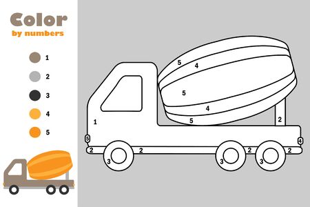Concrete mixer in cartoon style, color by number, education paper game for the development of children, coloring page, kids preschool activity, printable worksheet, vectorのイラスト素材