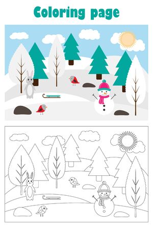 Christmas picture with snowy forest in cartoon style, xmas winter coloring page, education paper game for the development of children, kids preschool activity, printable worksheet, vectorのイラスト素材