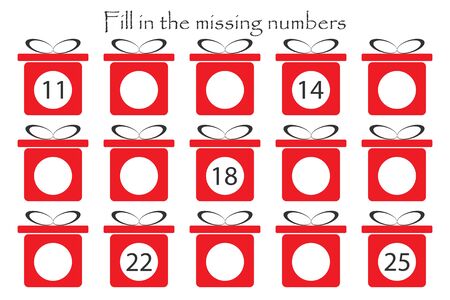 Game with christmas gifts for children, fill in the missing numbers, middle level, education game for kids, school worksheet activity, task for the development of logical thinking,のイラスト素材