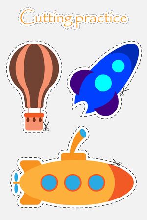 Air balloon, rocket and submarine in cartoon style, cutting practice, education game for the development of preschool children, use scissors, cut the images, vectorのイラスト素材
