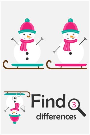 Find 3 differences, christmas game for children, snowman in cartoon style, education game for kids, preschool worksheet activity, task for the development of logical thinking, vectorのイラスト素材