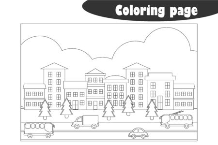 Snowy town in cartoon style, coloring page, christmas education paper game for the development of children, kids preschool activity, printable worksheet, vectorのイラスト素材