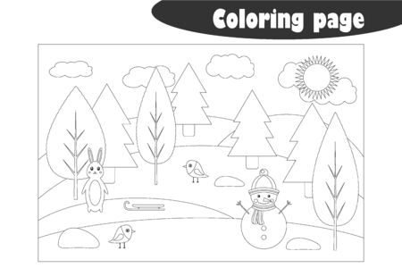Winter forest in cartoon style, coloring page, christmas education paper game for the development of children, kids preschool activity, printable worksheet, vectorのイラスト素材