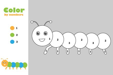 Caterpillar in cartoon style, color by number, education paper game for the development of children, coloring page, kids preschool activity, printable worksheet, vectorのイラスト素材