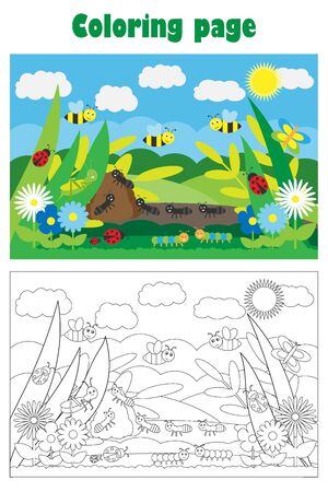 Glade with insect and flowers in cartoon style, summer coloring page, education paper game for the development of children, kids preschool activity, printable worksheet, vectorのイラスト素材