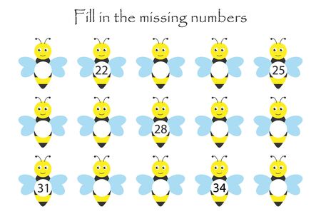 Game with bees for children, fill in the missing numbers, middle level, education game for kids, school worksheet activity, task for the development of logical thinking, vectorのイラスト素材