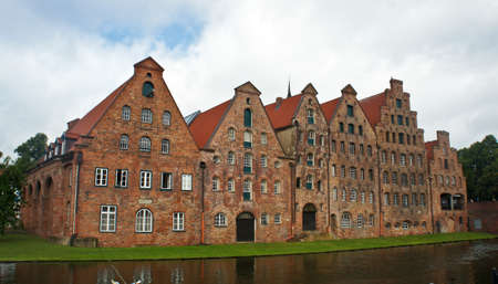 Beautiful view of Salzspeicher brick warehouses in old town, beautiful architecture, sunny day,...