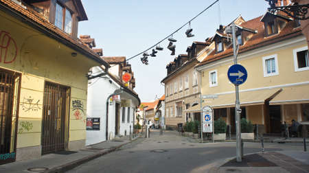 Shoes hanging on a roap in the city centre, tourist attractionのeditorial素材
