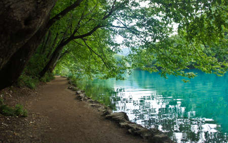 Pathway near water, Plitvice Lakes in Croatiaの写真素材