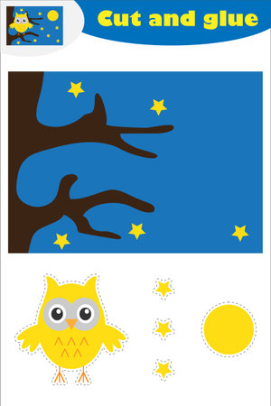 Owl on the branch cartoon, education game for the development of preschool children, use scissors and glue to create the applique, cut parts of the image and glue on the paper, vector illustrationのイラスト素材
