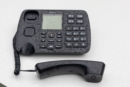 Black desktop telephone with rain drops on white table. Retro, dialing, connection, communication, office equipment. Russia, Bashkortostan, July 2019.のeditorial素材