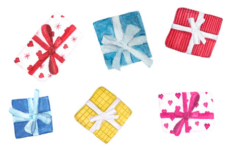 Watercolor christmas gifts set isolated on white background.の写真素材