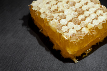 fresh closed honeycomb covered with wax on stone dark background