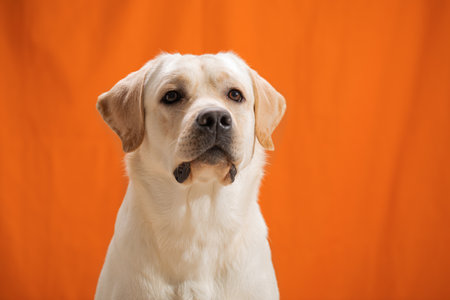 portrait of one-year-old Labrador Retriever puppy sitting on orange background.の写真素材