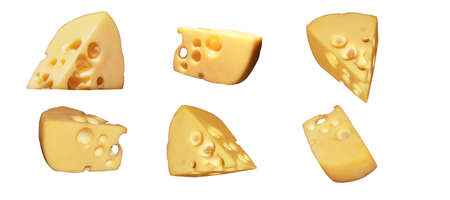 piece of cheese from different angles, set of triangular segments of cheese isolated on white...