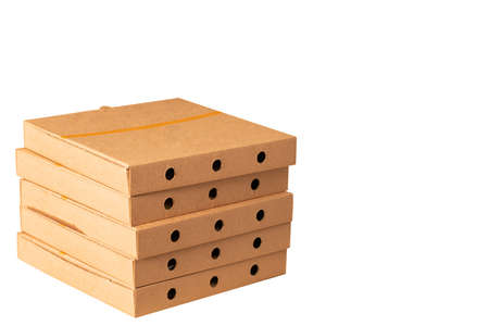 5 Pizza box: tall stack isolated on white.