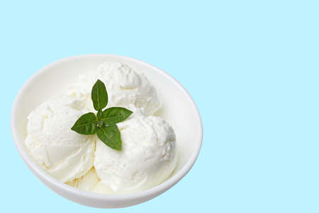 white bowl with white ice cream and green leaf isolated on a blue background. Place for your text or content. Copy spaceの写真素材
