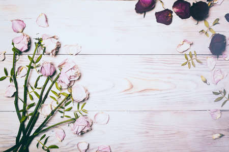 Beautiful romantic vintage background with pink roses and rose petals on wooden surface. Board for writing words, backdrop for presentation or advertising perfume, clothing. Collecting ekibana.の写真素材