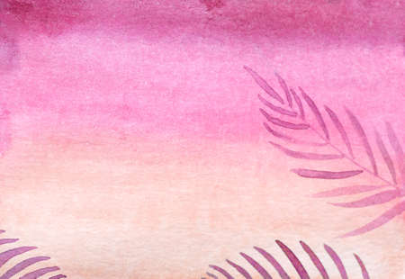 Pink dreamy romantic beautiful watercolor gradient background of fuchsia and peach colors with pink plant branches. Pink sunset illustration for print, notebook cover, fabric design, or T-shirt.の写真素材