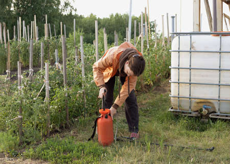 female farmer prepares pump for spraying fertilizers or pesticides in garden. Protection of plants...