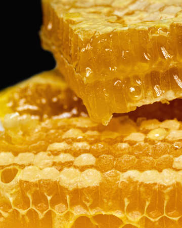 Close up of sweet organic honey slices on dark background. Natural antibacterial, antifungal and antiviral agentの写真素材